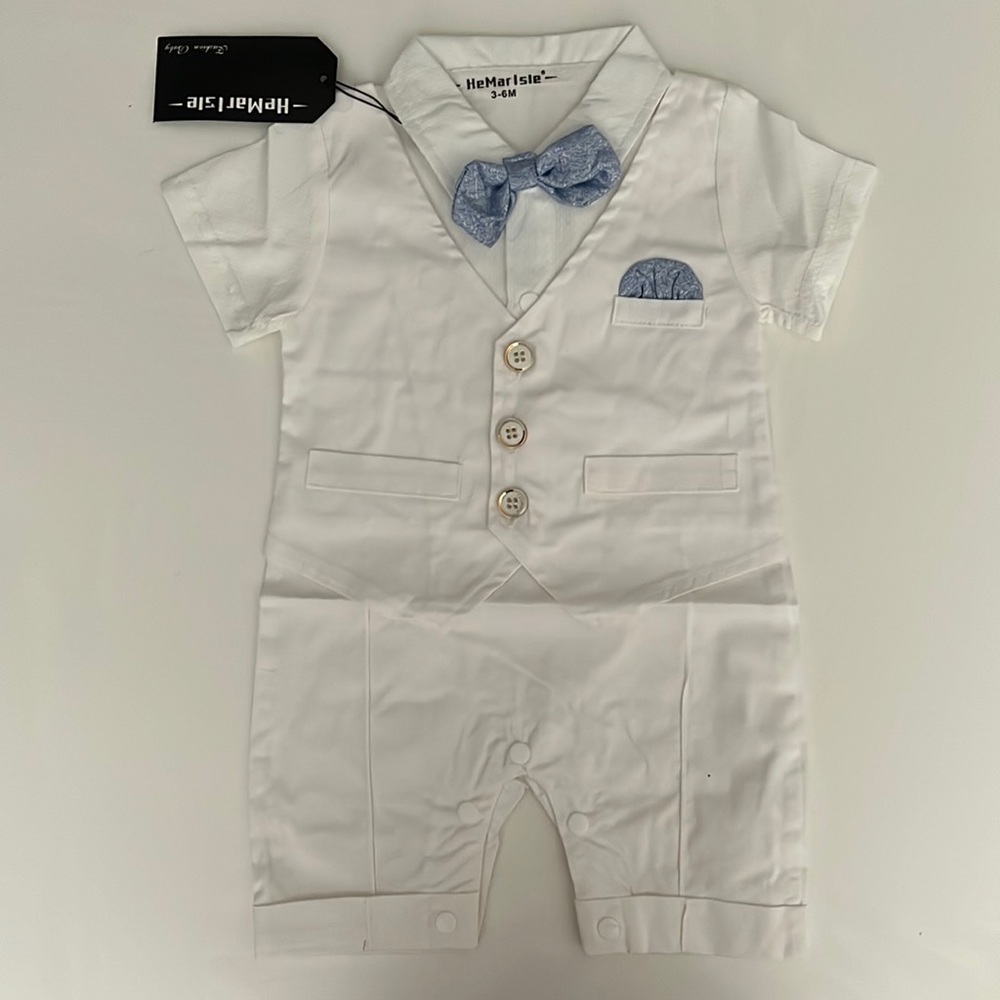 One piece, snaps. Slip on, white suit for baby